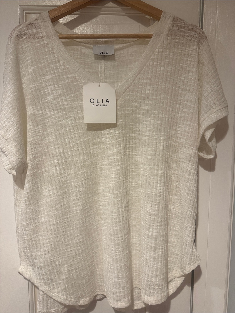 OLIA Cream Short Sleeve V-Neck Tee Made in the USA